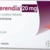 Kerendia 20 mg - Front view of a white pharmaceutical box with a maroon and orange wave design for finerenone film-coated tablets by Bayer.