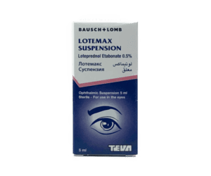 Lotemax Suspension Lotemax Suspension - Front view of a white pharmaceutical box with a blue eye graphic for loteprednol etabonate 0.5% ophthalmic suspension by Bausch + Lomb and Teva.