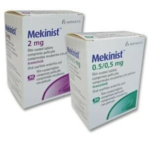 Mekinist (trametinib) 0.5 mg Mekinist - Front view of two white pharmaceutical boxes for trametinib tablets in 0.5 mg and 2 mg strengths by Novartis.