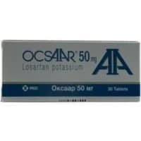 Oscaar 50 mg - Front view of a blue and grey pharmaceutical box for losartan potassium tablets by MSD.