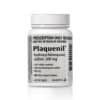 Plaquenil 200 mg - Front view of a white pharmaceutical bottle for hydroxychloroquine sulfate tablets by Sanofi.