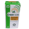 Creon 10,000 - Front view of a white pharmaceutical box with a green top and orange section for pancreatin 150 mg minimicrospheres by Abbott.