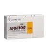 Afinitor 5 mg - White pharmaceutical box for everolimus tablets with Novartis branding and a yellow accent.