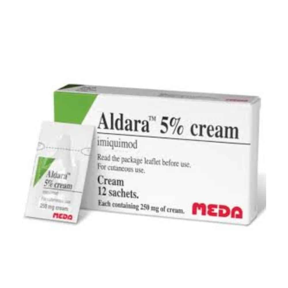 Aldara 5% Aldara 5% cream - White and green manufacturer box and a single sachet for imiquimod cream by MEDA.