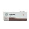 Androcur 50 mg - White and grey manufacturer box for cyproterone acetate tablets by Bayer with a red prohibition symbol.