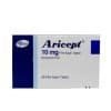Aricept 10 mg - White and blue manufacturer box for donepezil HCl film-coated tablets with Pfizer branding.