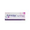 Arimidex 1 mg - White manufacturer box for anastrozole film tablets with a pink swirl design by AstraZeneca.