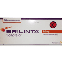 Brilinta (Ticagrelor) 90mg - Brilinta 90 mg - Horizontal view of a white manufacturer box for ticagrelor film-coated tablets with red accents and AstraZeneca branding.