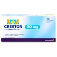 Crestor 20 mg - Blue and white pharmaceutical box for rosuvastatin calcium tablets by AstraZeneca.