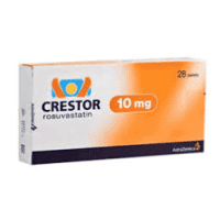 Crestor 10 mg - Orange and white pharmaceutical box for rosuvastatin film-coated tablets by AstraZeneca.