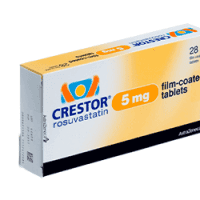 Crestor 5 mg - Yellow and white pharmaceutical box for rosuvastatin film-coated tablets by AstraZeneca.