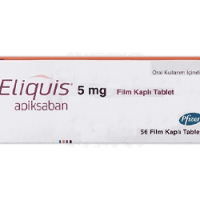 Eliquis 5 mg - White manufacturer box for apixaban film-coated tablets with Pfizer branding and an orange accent.