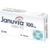 Januvia 100 mg - White pharmaceutical box for sitagliptin tablets by MSD with a blue and pink eye-shaped logo.