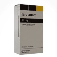 Jardiance 10 mg - Vertical view of a grey and yellow manufacturer box for empagliflozin tablets by Boehringer Ingelheim.