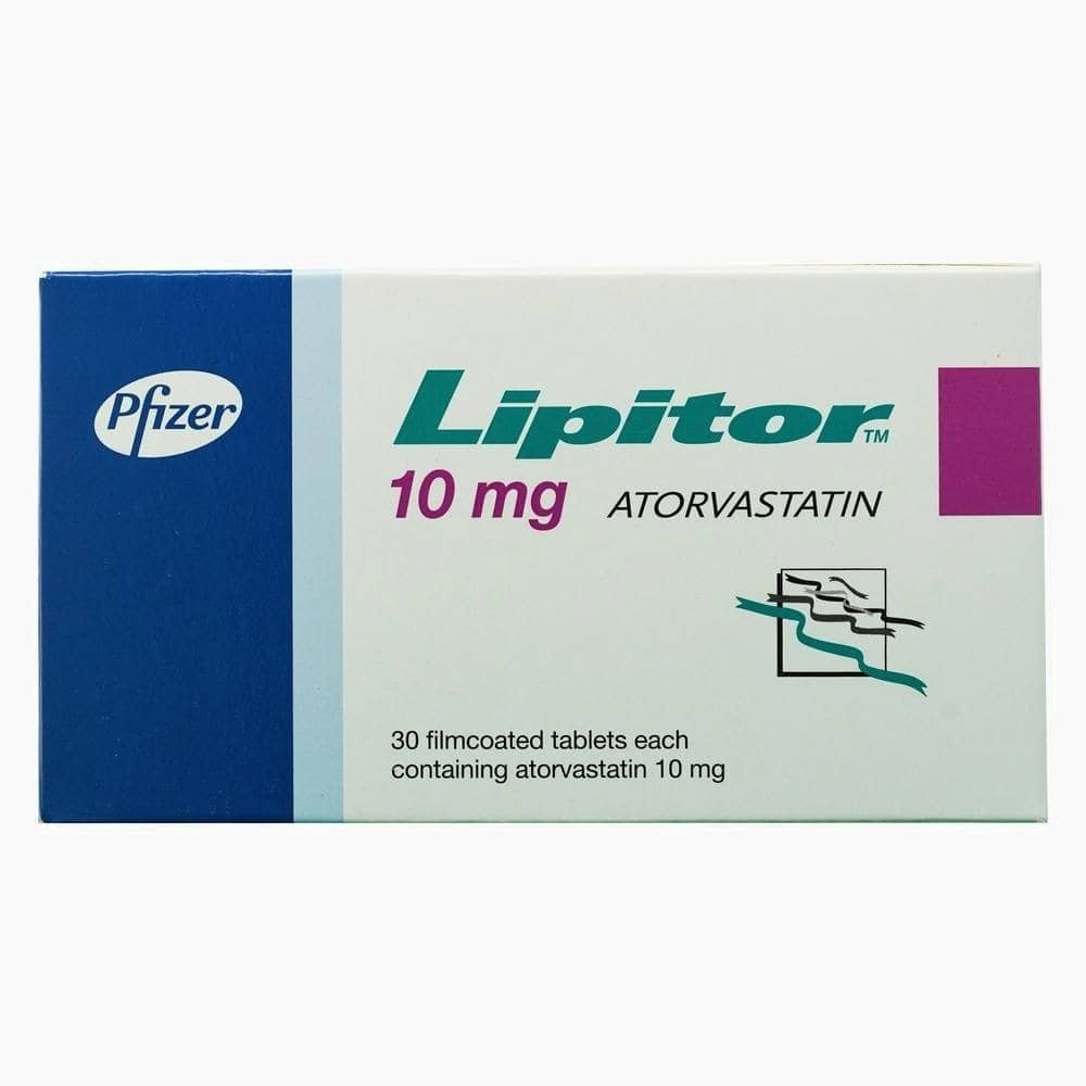 Lipitor 10mg Lipitor / Atorvastatin /Torid - Lipitor 10 mg - White pharmaceutical box for atorvastatin film-coated tablets with Pfizer branding and a purple accent.