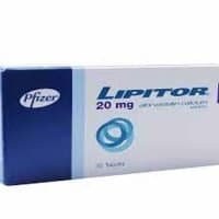 Lipitor 20 mg - White and blue manufacturer box for atorvastatin calcium tablets with Pfizer branding.