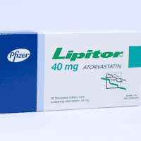 Lipitor 40 mg - White and blue manufacturer box for atorvastatin film-coated tablets with Pfizer branding and a teal accent.