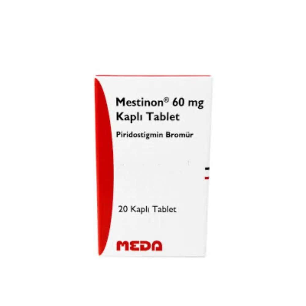 Mestinon Mestinon 60 mg - White manufacturer box with a red curved design for pyridostigmine bromide film-coated tablets by MEDA.