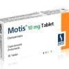 Motis 10 mg - White pharmaceutical box for domperidone tablets with an orange accent and Saba branding.
