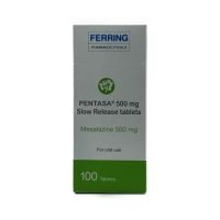 Pentasa 500mg - Vertical white manufacturer box with a green base and Ferring Pharmaceuticals logo.