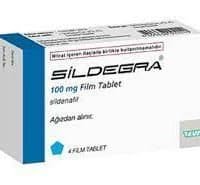Sildegra 100 mg - White and blue pharmaceutical box for sildenafil film-coated tablets by Fatih.