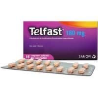 Telfast 180 mg - Purple pharmaceutical box for fexofenadine hydrochloride with 15 film-coated tablets in a blister pack.