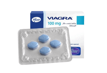 Viagra 100 mg 4 Film Tablet Viagra 100 mg - White and blue pharmaceutical box for sildenafil with a blister pack containing four blue diamond-shaped tablets.