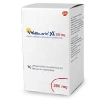 Wellbutrin XL 300 mg - White pharmaceutical box for bupropion clorhidrato extended-release tablets with red accents and GSK branding.