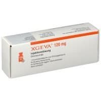 Xgeva 120 mg - White pharmaceutical box with an orange accent for denosumab Injektionslösung by Amgen.