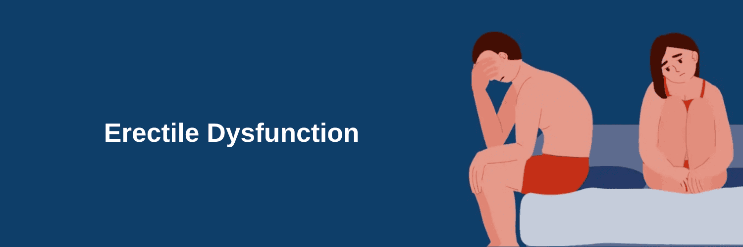 erectile dysfunction in USA - Informative graphic on a dark blue background titled "Erectile Dysfunction" featuring an illustration of a couple sitting on a bed looking distressed.