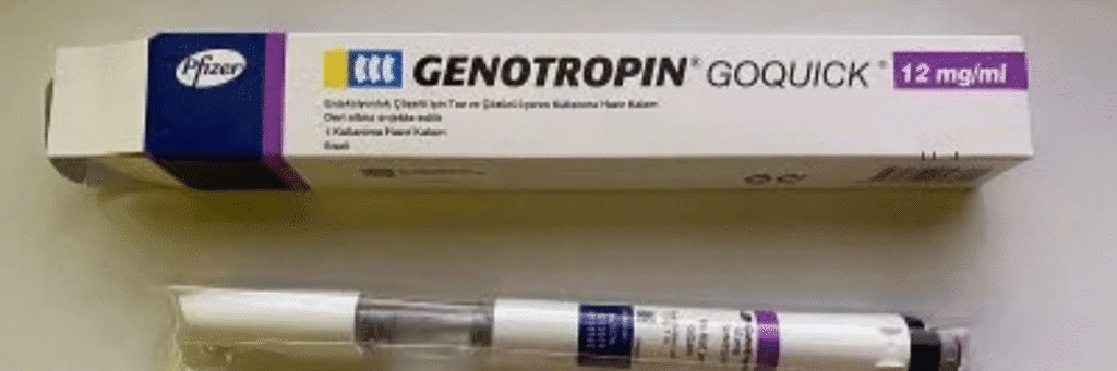 Genotropin GoQuick 12mg - Pfizer manufacturer box and pre-filled growth hormone injection pen.