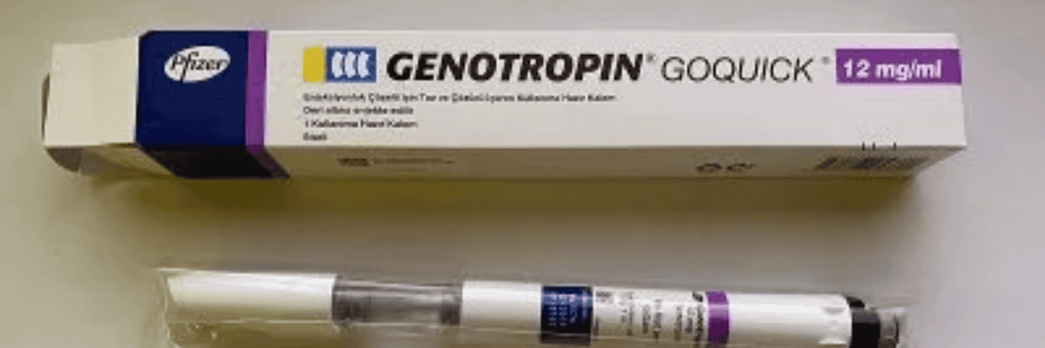 Genotropin GoQuick 12mg - Pfizer manufacturer box and pre-filled growth hormone injection pen.