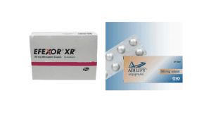 Efexor - Efexor XR and Abilify - White manufacturer box for Efexor XR 150 mg next to a blue and gold Abilify 30 mg tablet box with a blister pack.