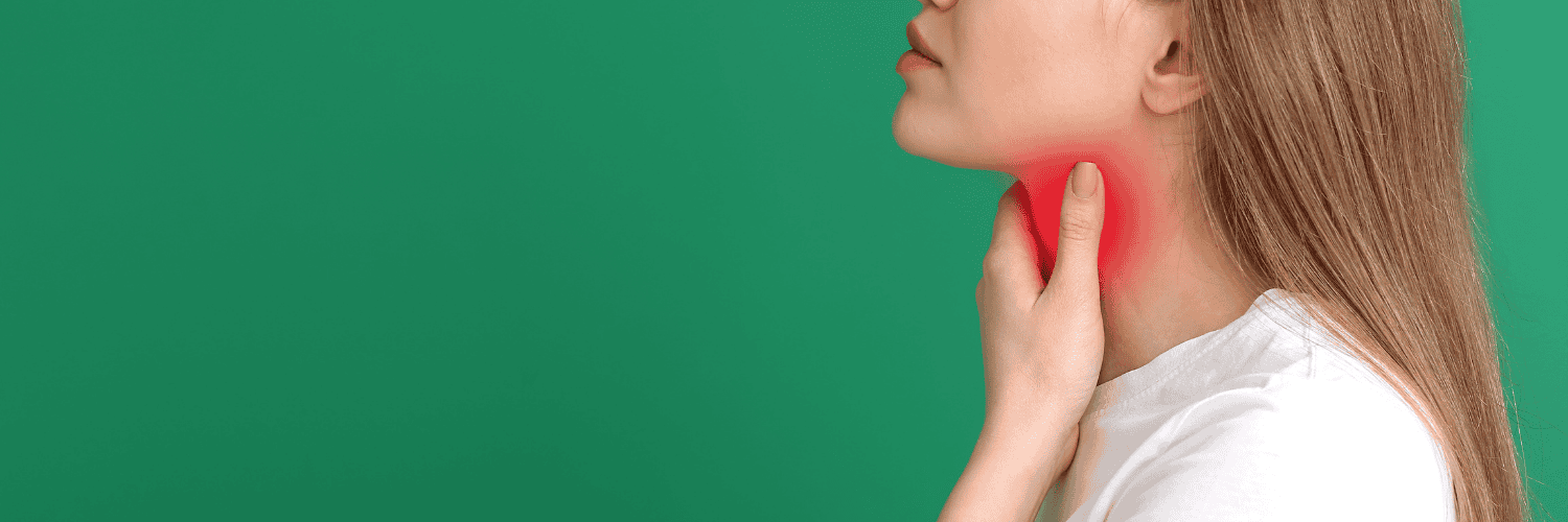 Understanding Thyroid Medication - Synthroid Levothyroxine - Profile view of a woman touching her neck with a red glow highlighting the thyroid area.
