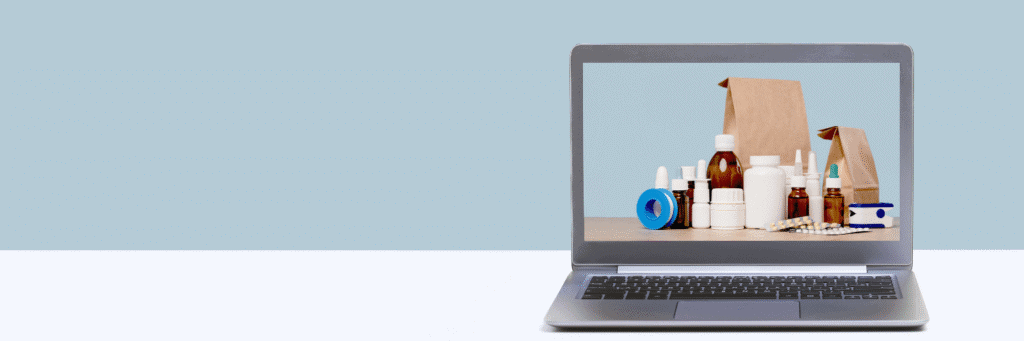 Online Pharmacy vs CVS - Prescription Medication Bottles and Packaging - Assorted medicine containers, amber glass bottles, and brown paper bags displayed on a laptop screen.