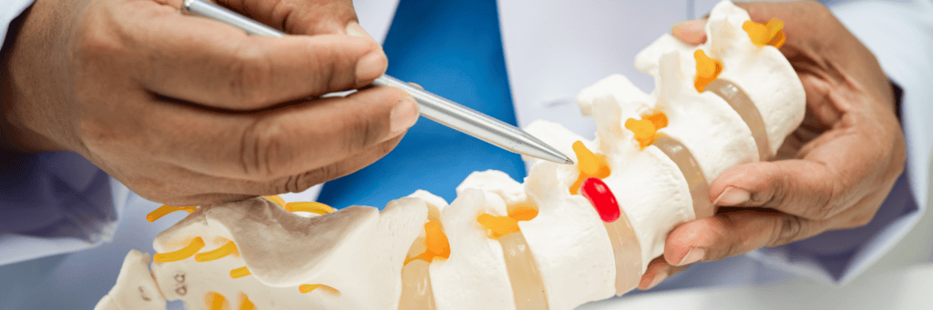 Affordable Bone Loss Treatment - Buy Prolia & Xgeva Online - Prolia and Xgeva Injection - Anatomical spine model with a red highlighted disc being pointed to by a silver pen.